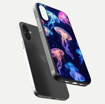 Jellyfish Pattern Glass Case for iPhone 16 Plus floating dual-view mockup showing gloss texture and oceanic depth