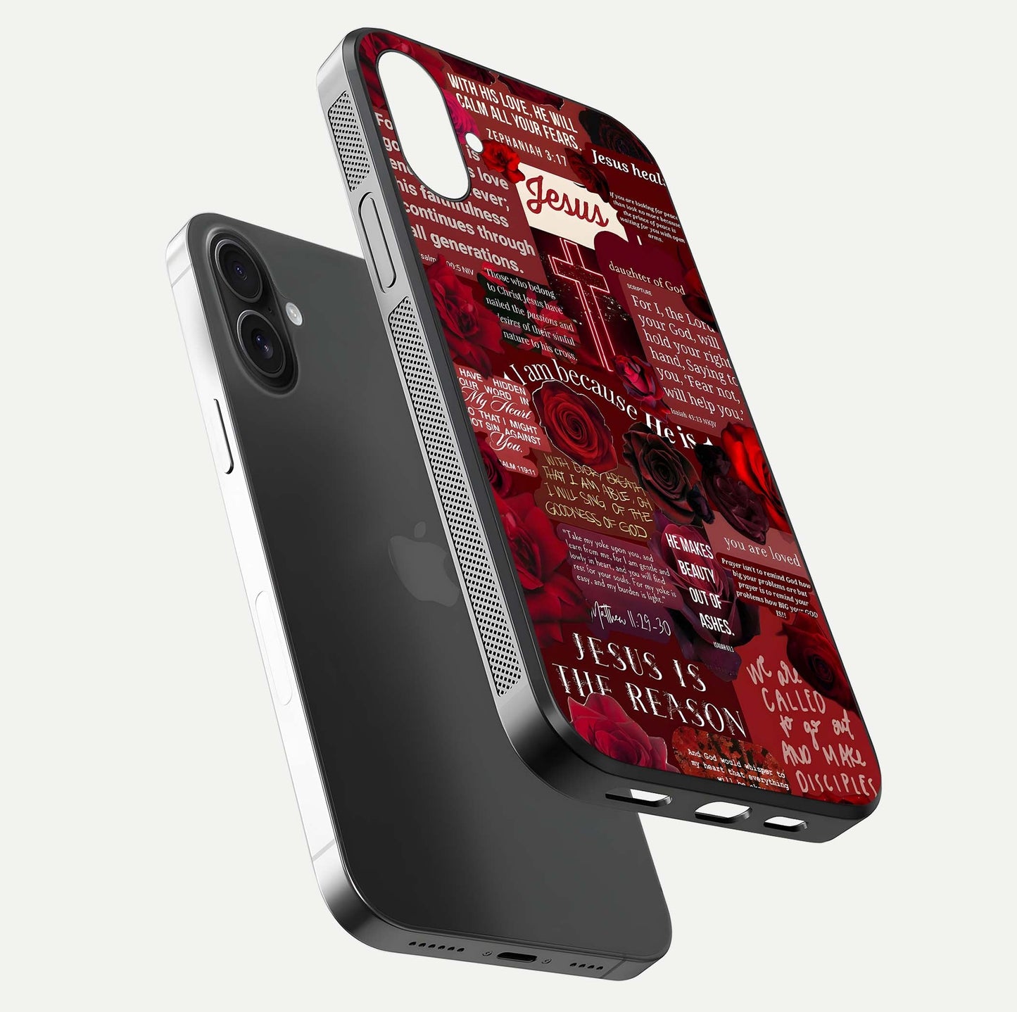 Jesus Love Heals Glass Case for iPhone 16 Plus floating dual-view mockup showing glossy shine and faith-inspired art