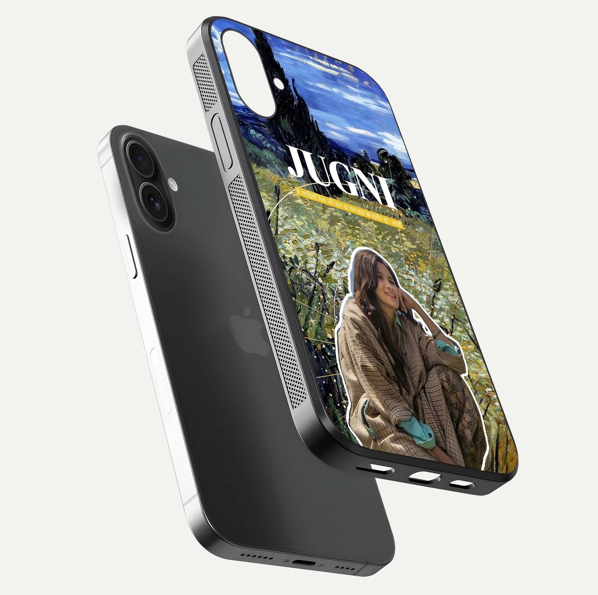 Jugni Soul Vibes Glass Case for iPhone 16 Plus floating dual-view mockup showing gloss surface and vivid design style