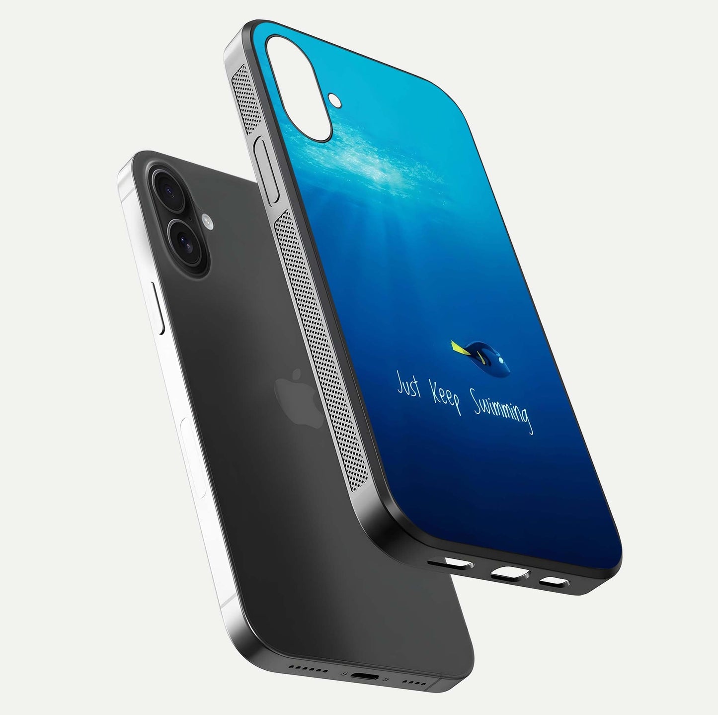 Just Keep Swimming Glass Case for iPhone 16 Plus floating dual-view mockup showing gloss brightness and wave motif
