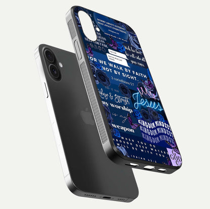 Kingdom Faith Glow Glass Case for iPhone 16 Plus floating dual-view mockup showing premium gloss and golden aura