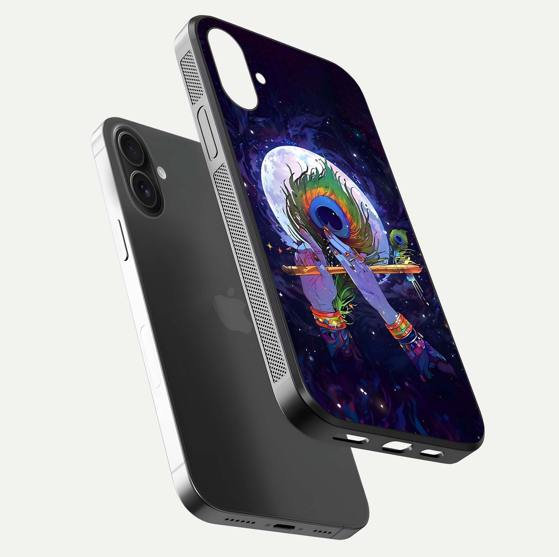 Krishna Hands Art Glass Case for iPhone 16 Plus floating dual-view mockup showing premium gloss reflection
