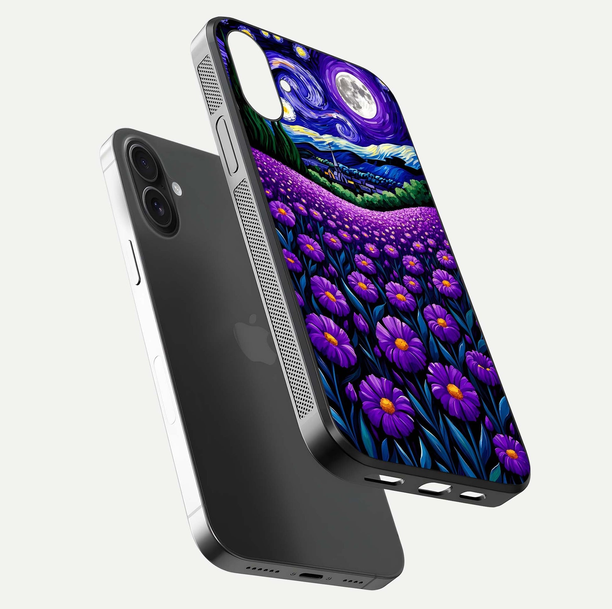 Lavender Moon Field Glass Case for iPhone 16 Plus floating dual-view mockup showing gloss surface and floral glow