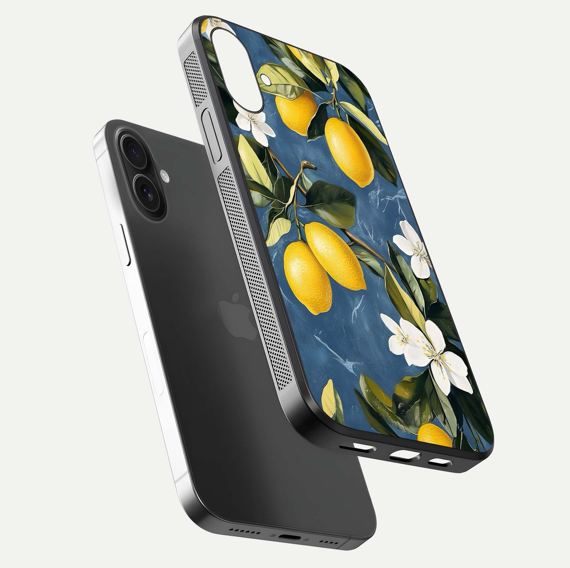 Lemon Dream Garden Glass Case for iPhone 16 Plus floating dual-view mockup showing gloss brightness and vivid yellow print