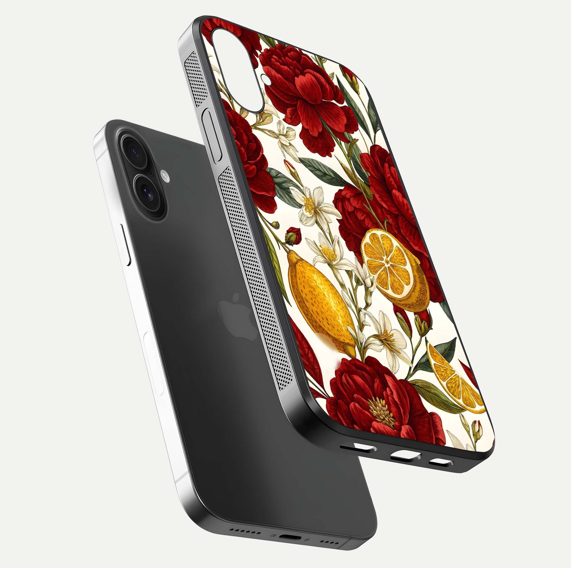 Lemon Rose Charm Glass Case for iPhone 16 Plus floating dual-view mockup showing gloss polish and floral gradient