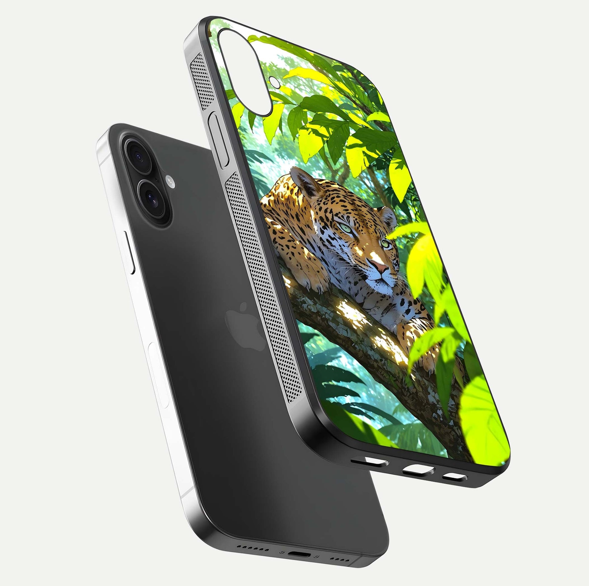 Leopard in Jungle Glass Case for iPhone 16 Plus floating dual-view mockup showing gloss finish and HD wild pattern