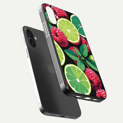 Lime and Raspberry Pattern Glass Case for iPhone 16 Plus floating dual-view showing HD gloss and vivid print