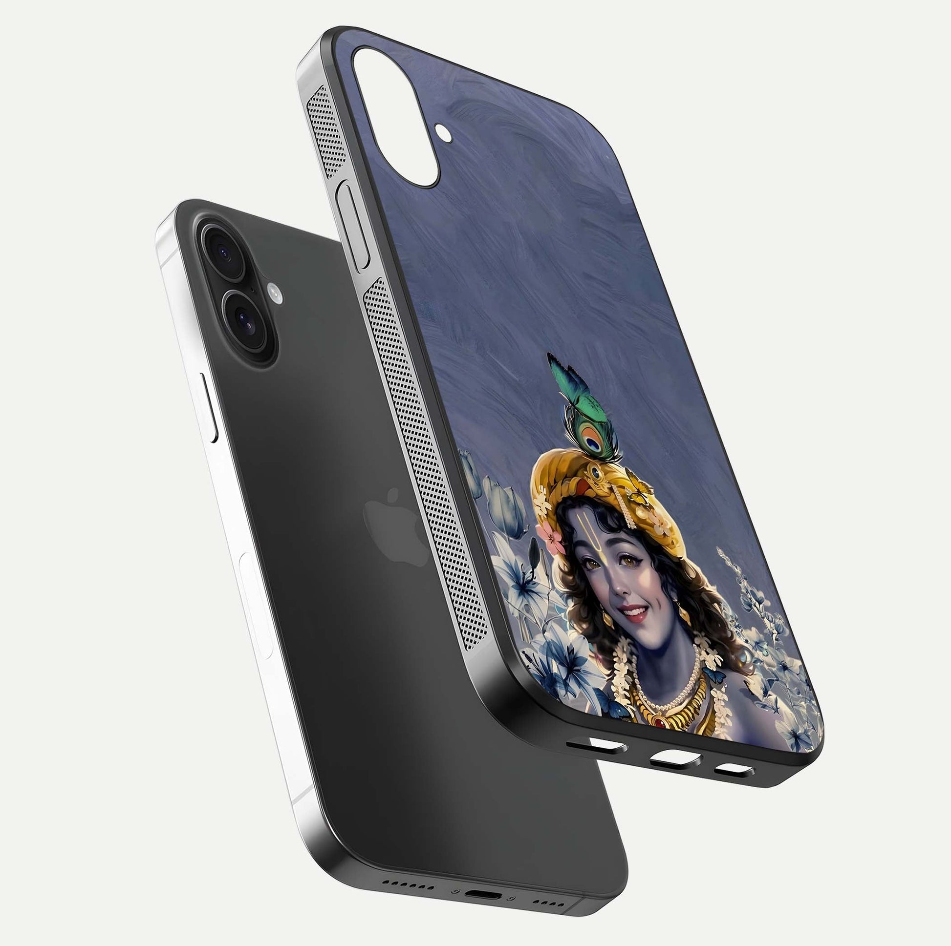 Lord Krishna Glass Case for iPhone 16 Plus floating dual-view showing glossy shine and divine artistic pattern