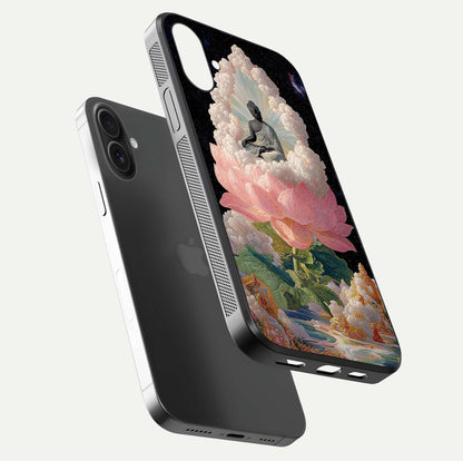 Lotus Divine Peace Glass Case for iPhone 16 Plus floating dual-view mockup with glass glow and spiritual calm art