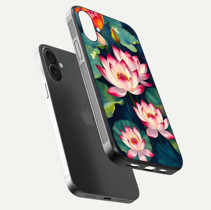 Lotus Dream Serenity Glass Case for iPhone 16 Plus floating dual-view mockup highlighting HD gloss glow