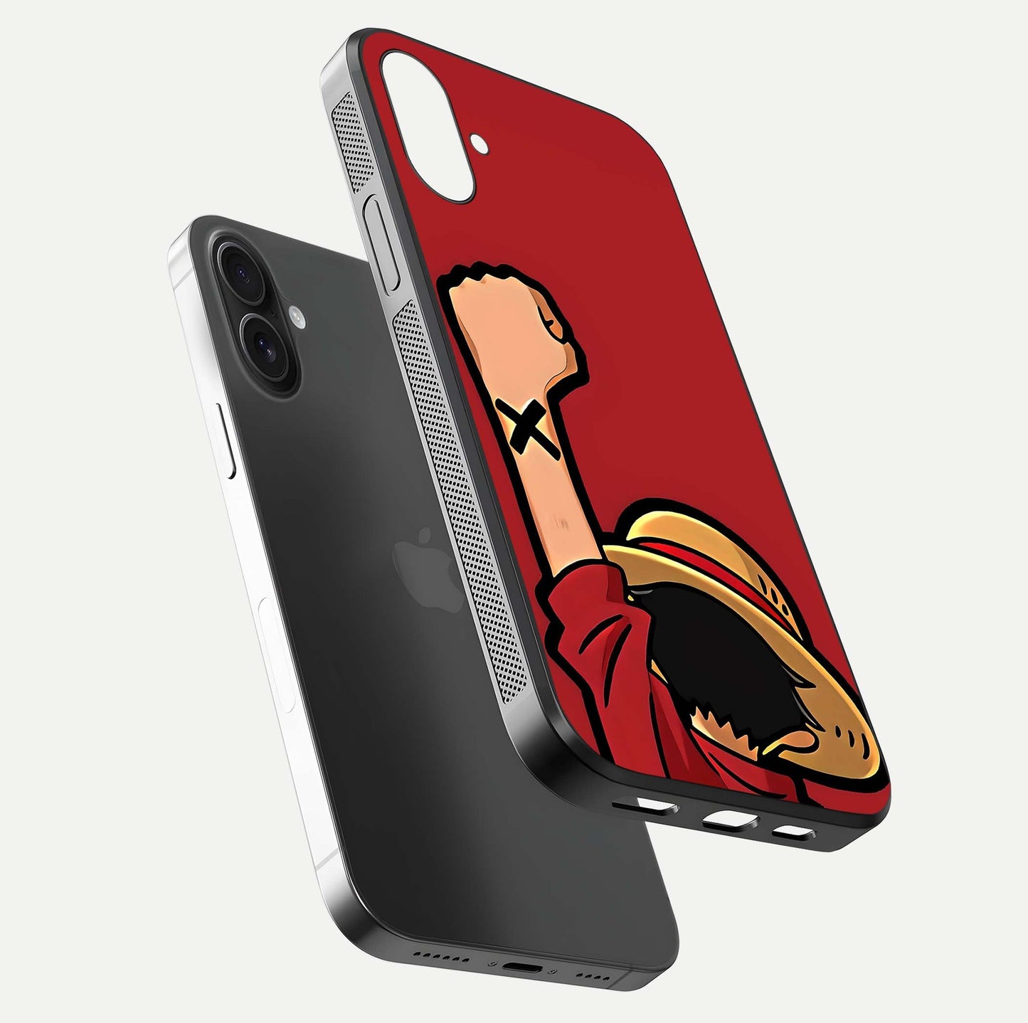 Luffy X Spirit Glass Case for iPhone 16 Plus floating dual-view mockup showing gloss polish and vibrant color depth