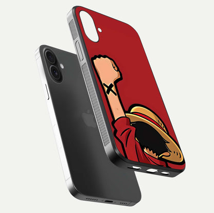 Luffy X Spirit Glass Case for iPhone 16 Plus floating dual-view mockup showing gloss polish and vibrant color depth