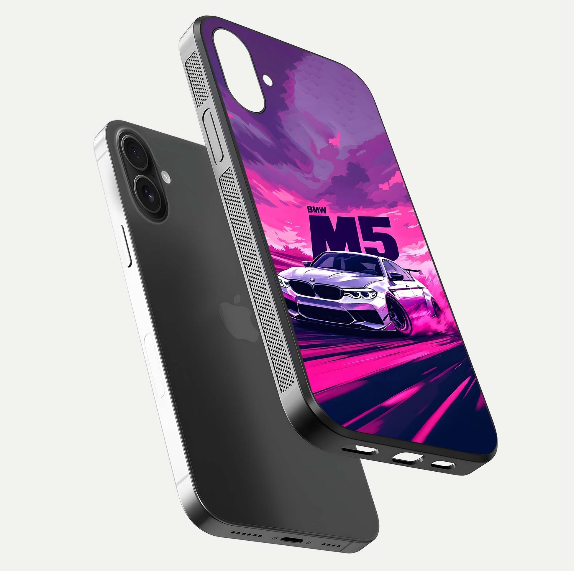 MS Neon Car Glass Case for iPhone 16 Plus floating dual-view mockup showing HD gloss and electric color tones