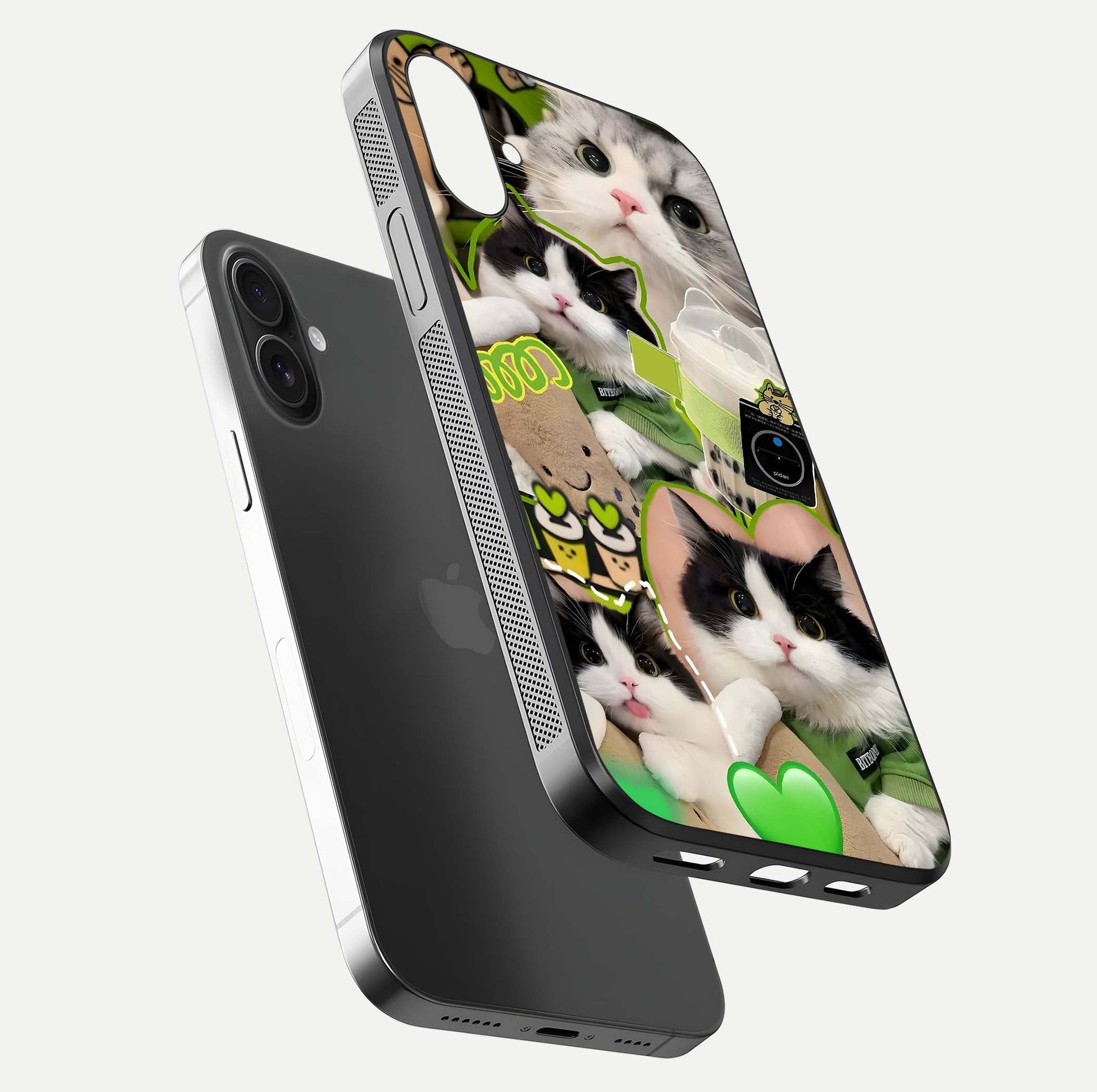Matcha Cats Mood Glass Case for iPhone 16 Plus floating dual-view mockup showing HD gloss surface and soft tones