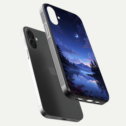 Midnight Lake Peace Glass Case for iPhone 16 Plus floating dual-view mockup showing gloss finish and peaceful art