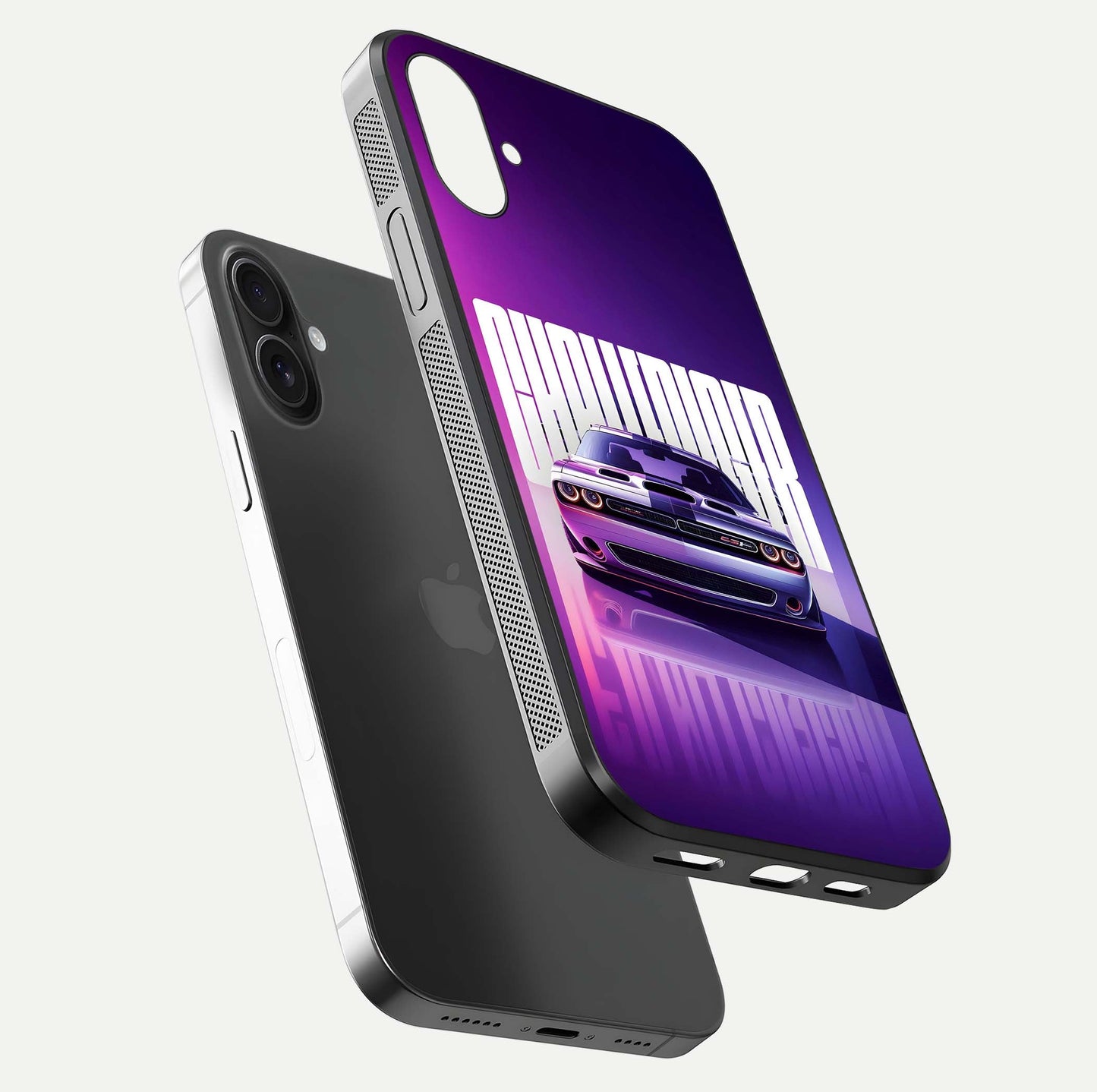Midnight Muscle Ride Glass Case for iPhone 16 Plus floating dual-view mockup showing glossy finish and shine depth
