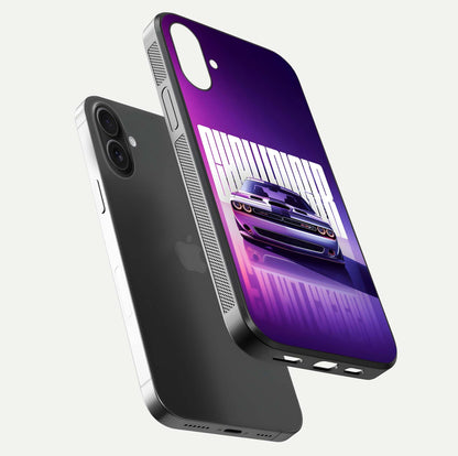 Midnight Muscle Ride Glass Case for iPhone 16 Plus floating dual-view mockup showing glossy finish and shine depth