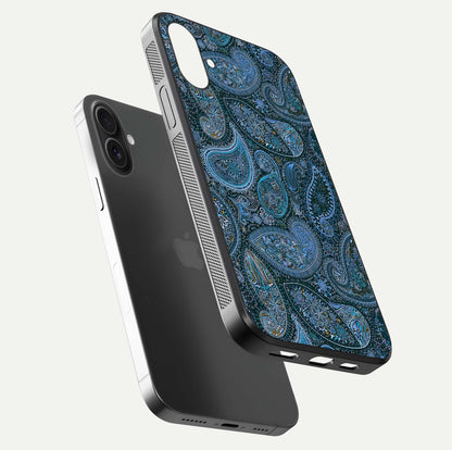 Midnight Paisley Glow Glass Case for iPhone 16 Plus floating dual-view mockup showing HD gloss and rich pattern
