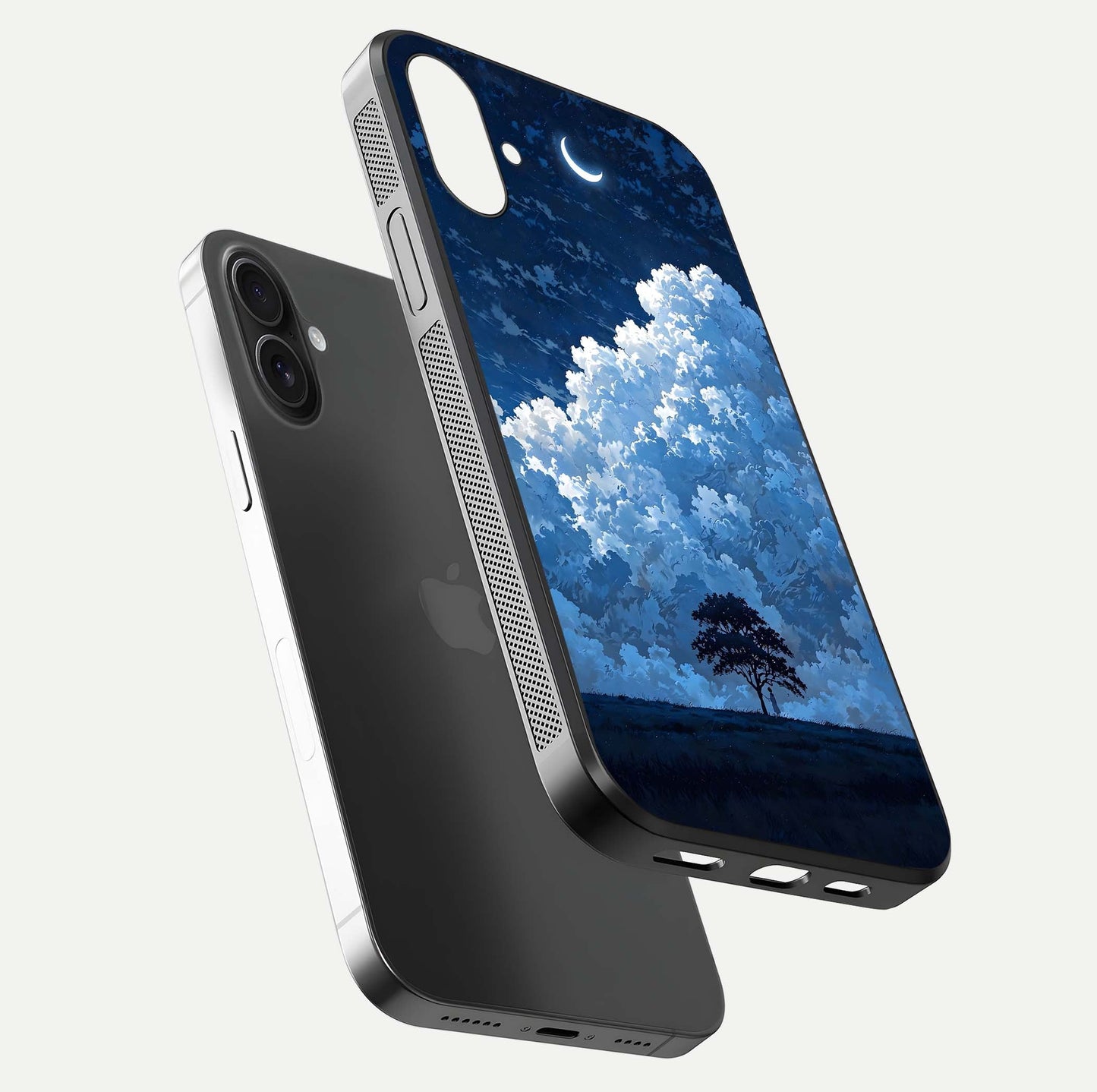 Midnight Sky Serenity Glass Case for iPhone 16 Plus floating dual-view mockup showing HD gloss and night shine