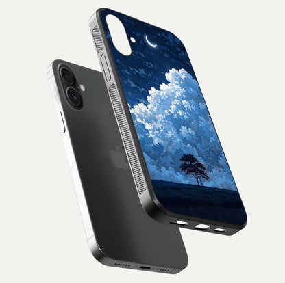 Midnight Sky Serenity Glass Case for iPhone 16 Plus floating dual-view mockup showing HD gloss and night shine