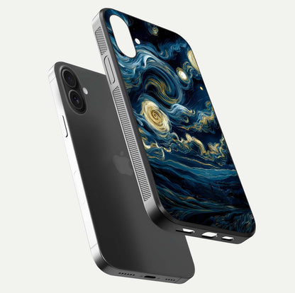 Midnight Sky Whirl Glass Case for iPhone 16 Plus floating dual-view mockup showing gloss texture and shine