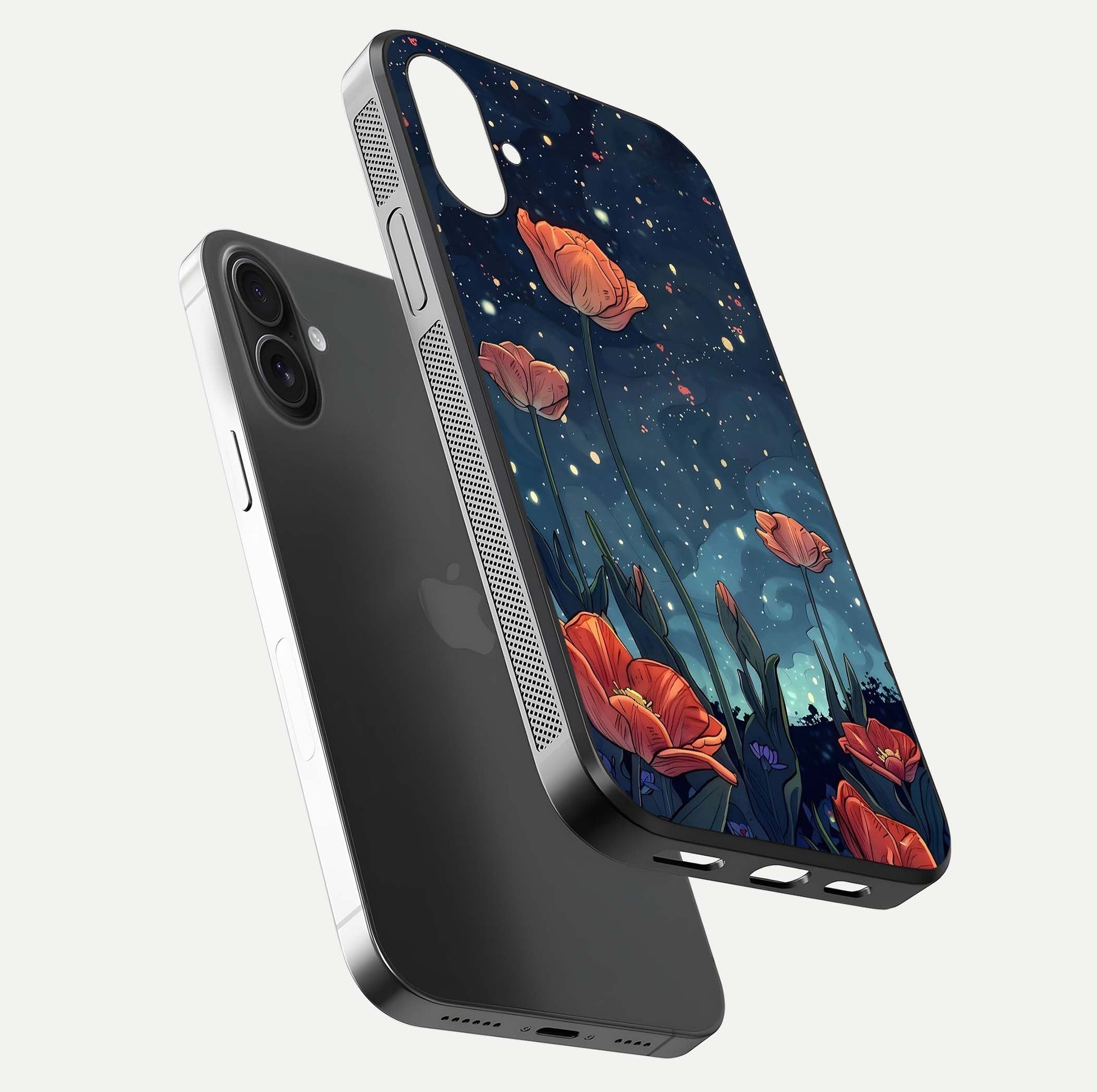 Midnight Tulip Glow Glass Case for iPhone 16 Plus floating dual-view mockup showing HD gloss and tulip tone