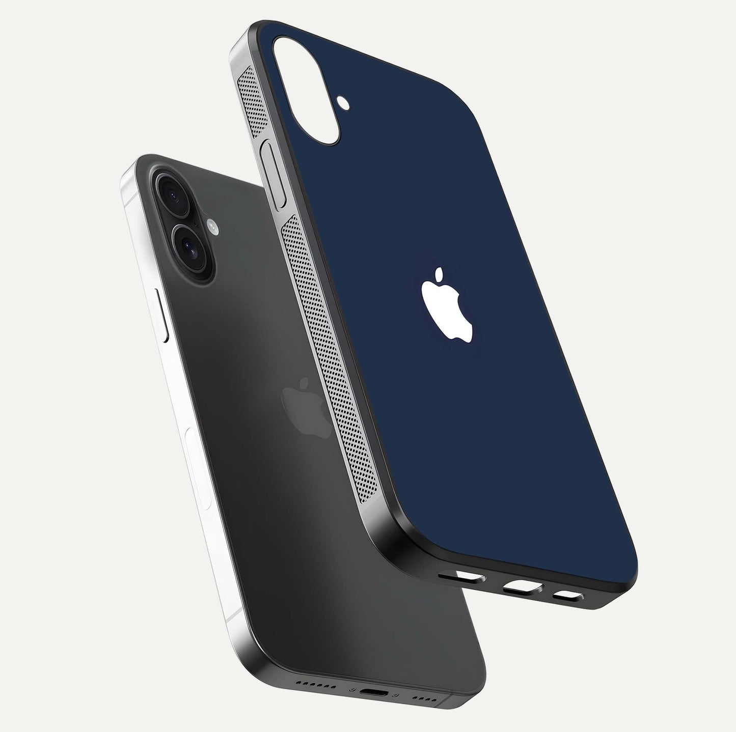 Minimal Apple Night Glass Case for iPhone 16 Plus floating dual-view mockup showing HD shine and minimal style