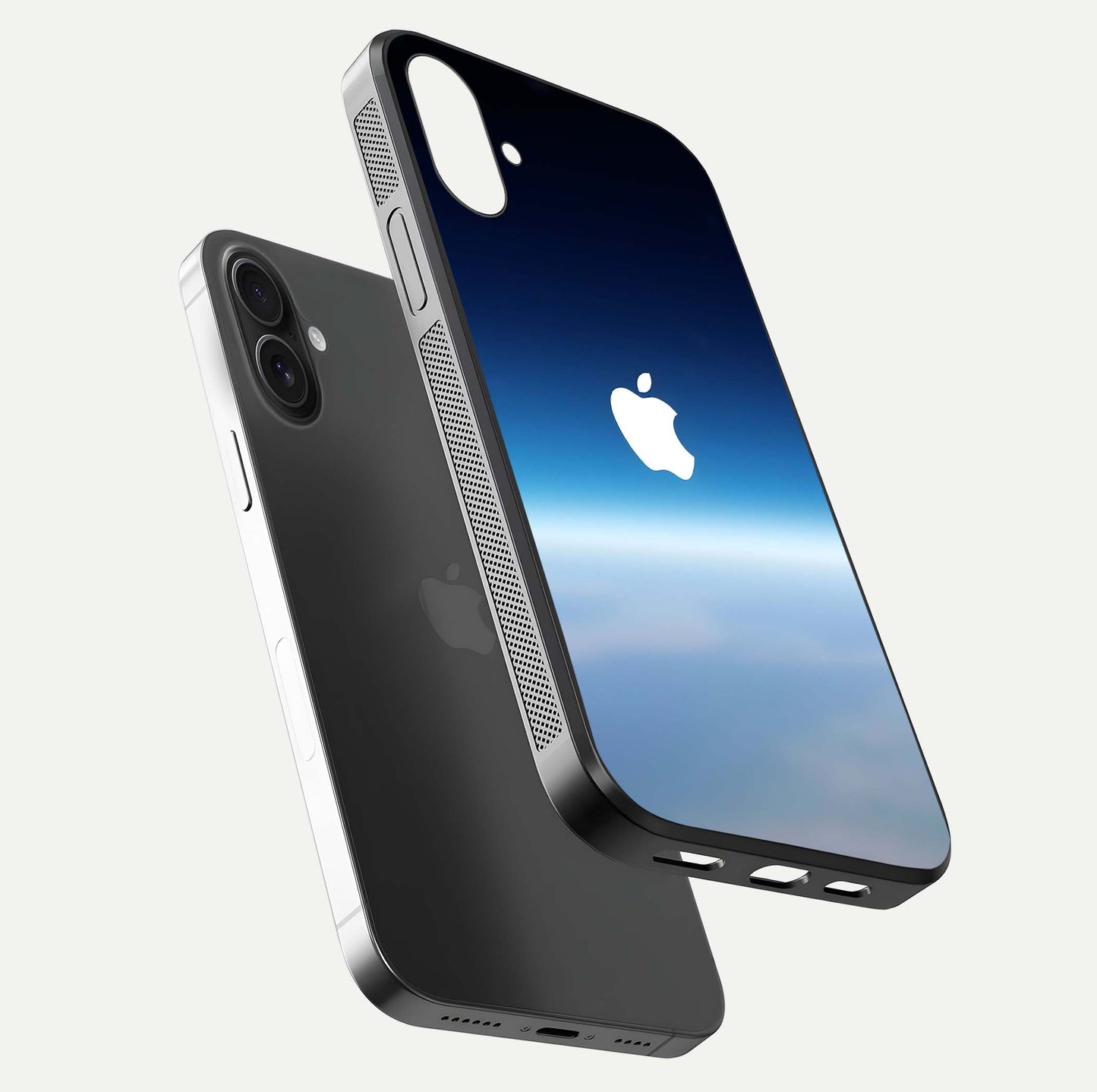Minimal Apple Sky Glass Case for iPhone 16 Plus floating dual-view mockup showing HD gloss and Apple design