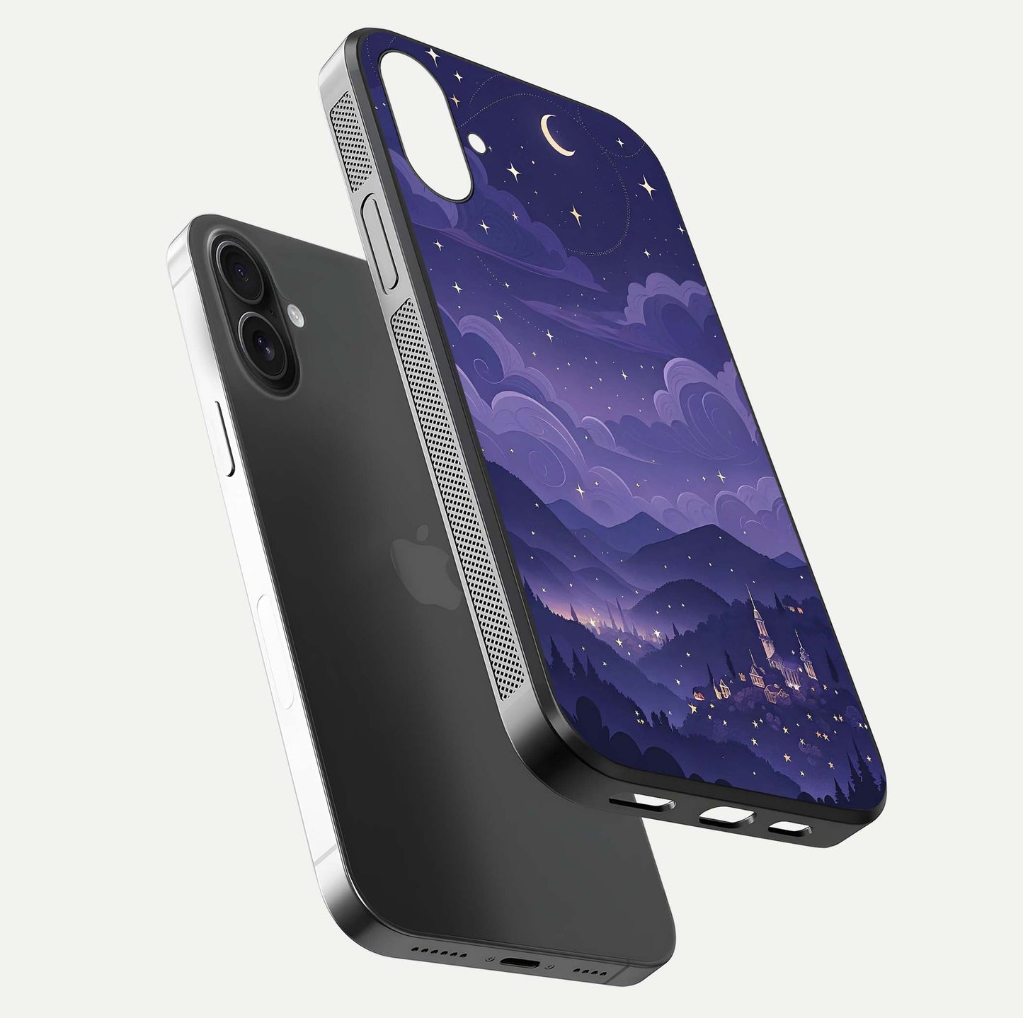 Minimal Night View Glass Case for iPhone 16 Plus floating dual-view mockup showing HD gloss and clean lines
