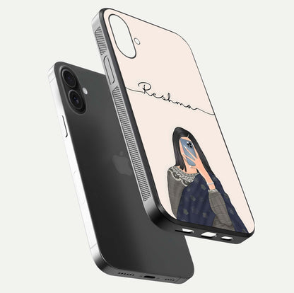 Mirror Mood Muse Custom Name Glass Case for iPhone 16 Plus floating dual-view mockup showing reflection and luxury style