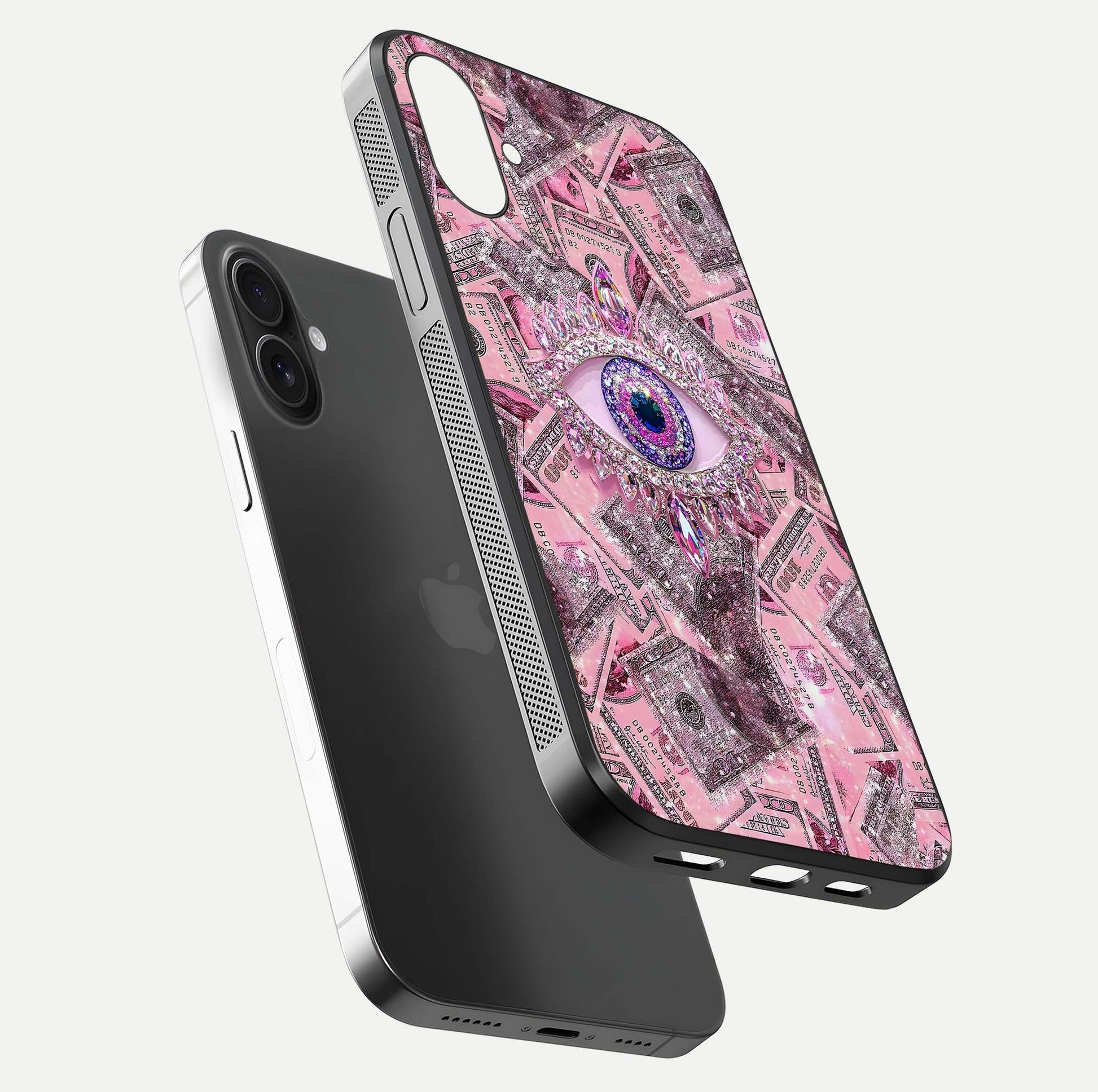 Money Eye Luxe Glass Case for iPhone 16 Plus floating dual-view mockup showing gloss surface and premium look