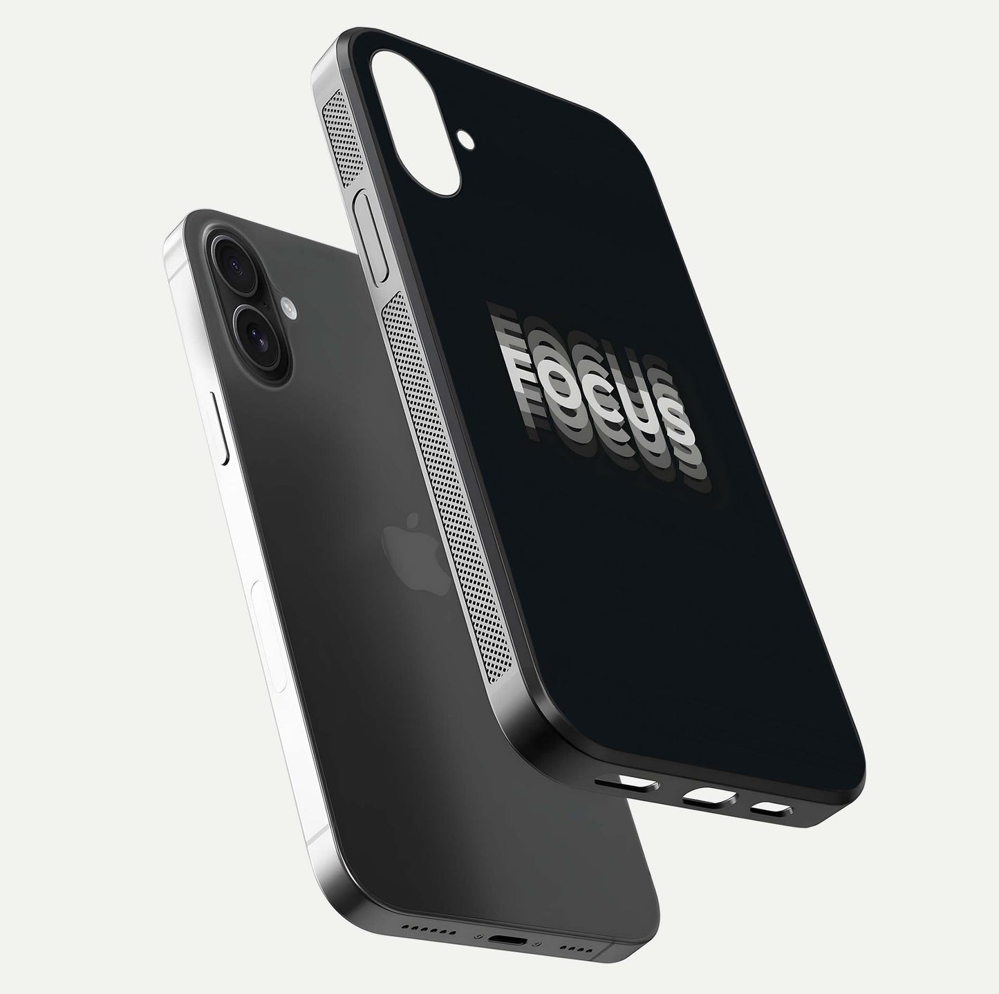 Mono Focus Vision Glass Case for iPhone 16 Plus floating dual-view mockup showing HD gloss and elegant simplicity