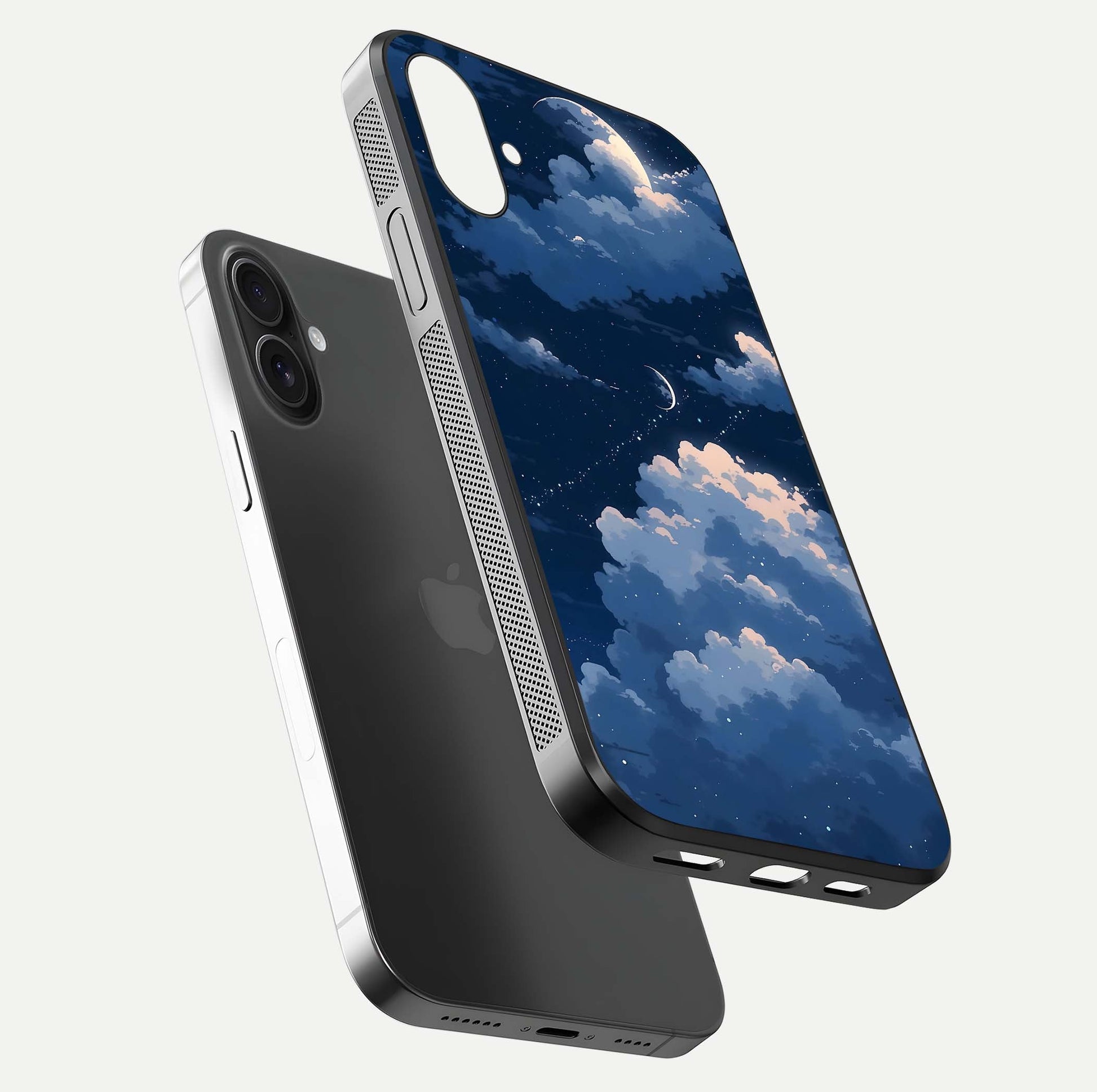 Moon Dream Haze Glass Case for iPhone 16 Plus floating dual-view mockup showing gloss texture and calm tones