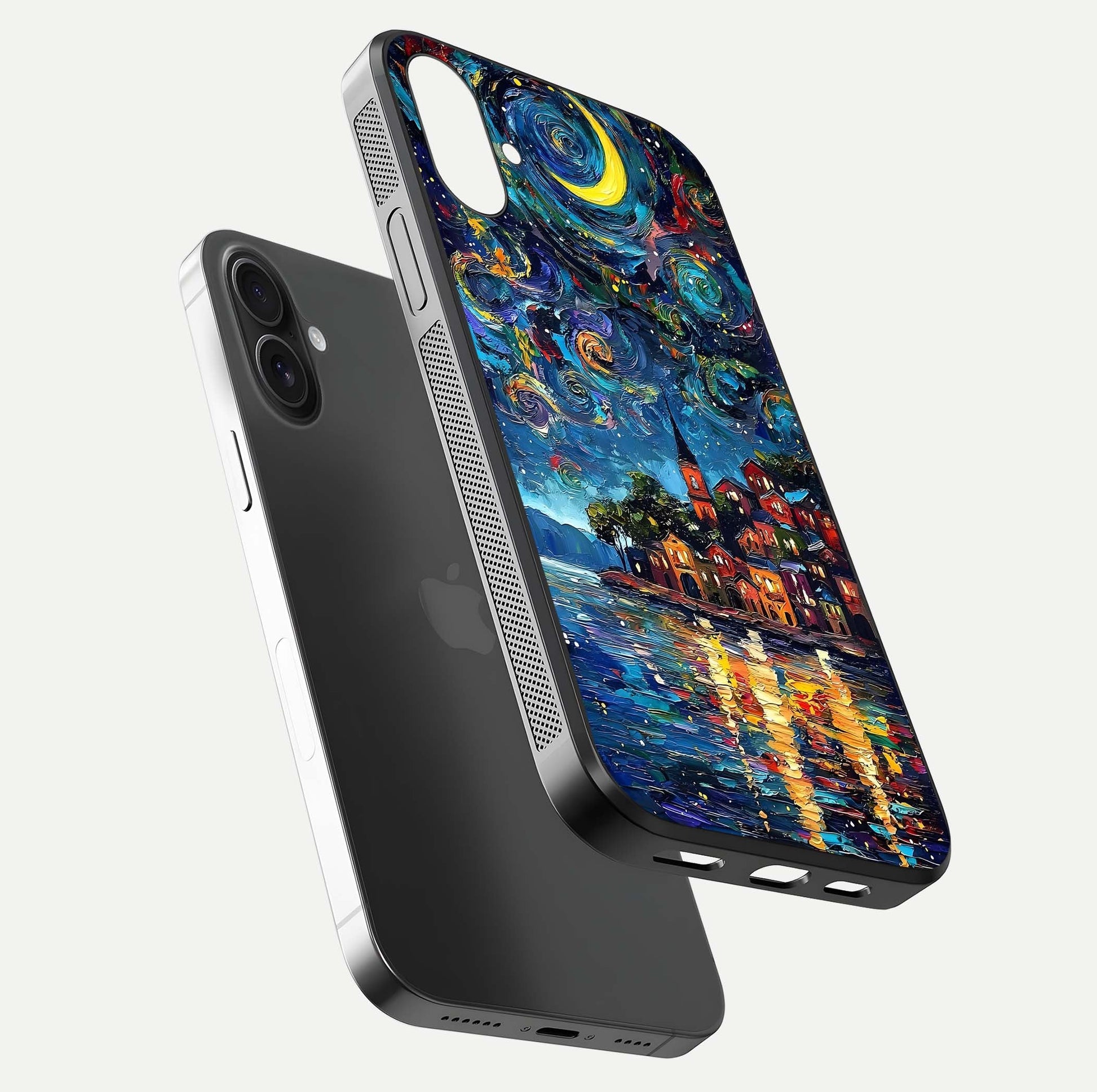 Moonlight Harbor Glow Glass Case for iPhone 16 Plus floating dual-view mockup showing gloss brightness and glow
