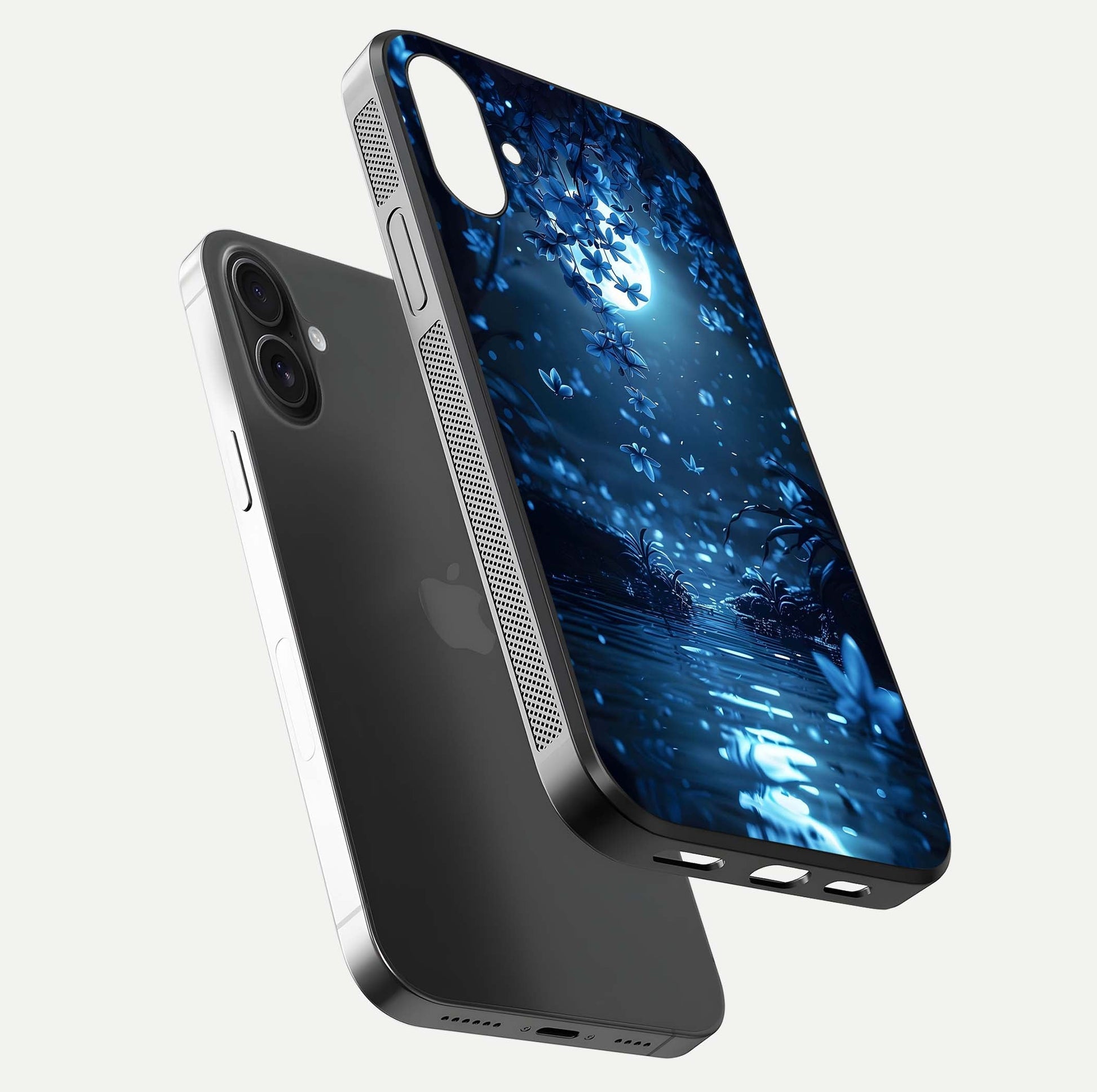 Moonlight Petal Dream Glass Case for iPhone 16 Plus floating dual-view mockup showing HD gloss and dreamy art