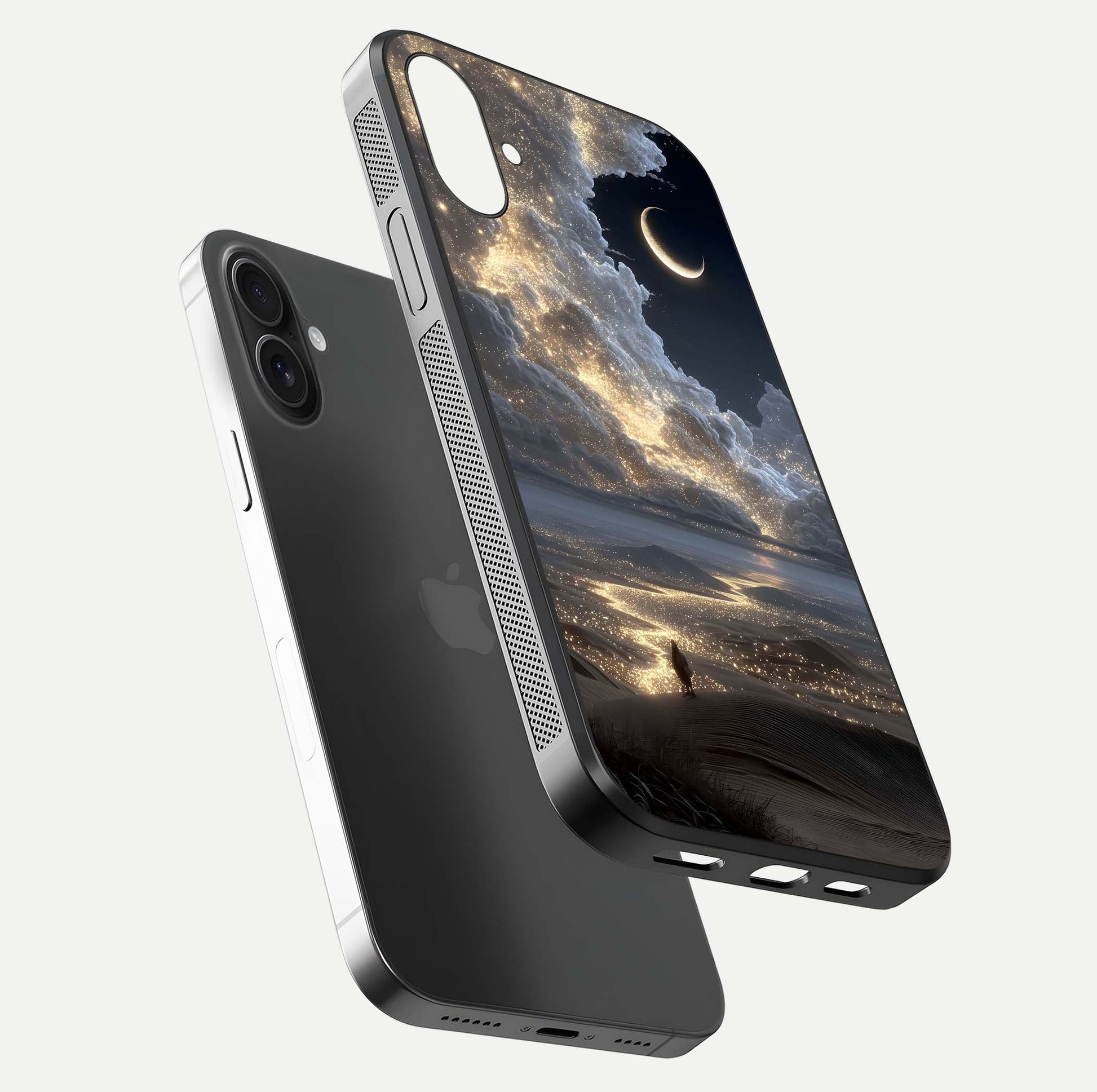 Moonlight Spark Path Glass Case for iPhone 16 Plus floating dual-view mockup showing gloss finish and shine depth
