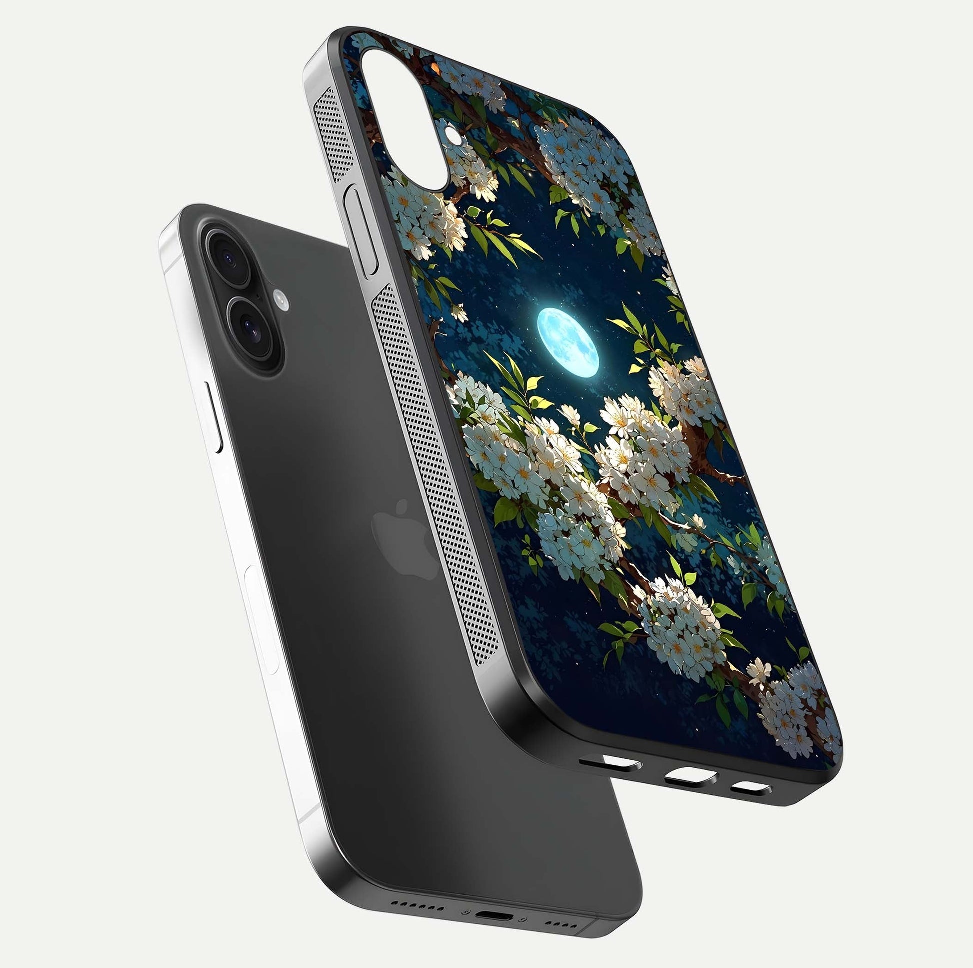 Moonlit Blossom Dream Glass Case for iPhone 16 Plus floating dual-view mockup showing gloss texture and floral tone
