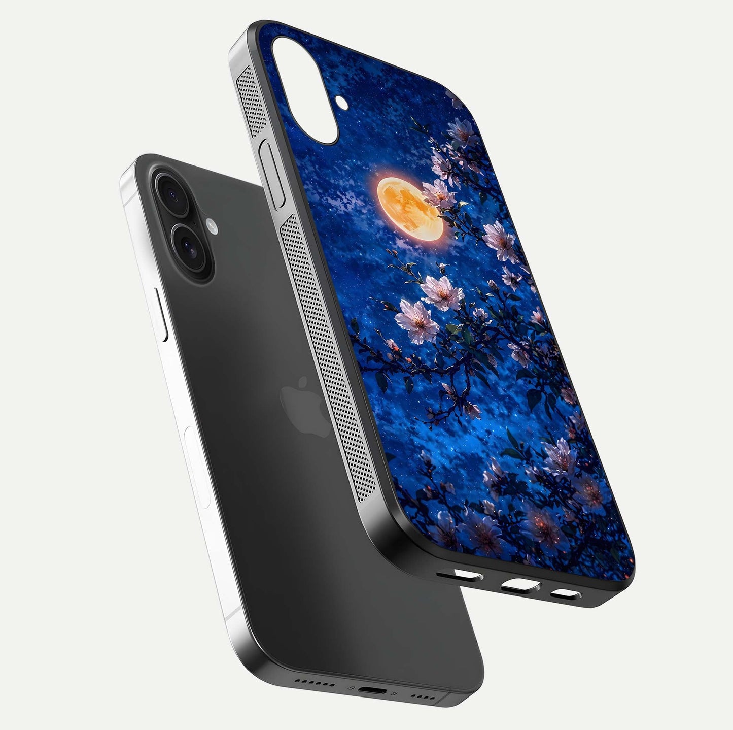 Moonlit Blossoms Night Glass Case for iPhone 16 Plus floating dual-view mockup showing HD gloss and floral contrast