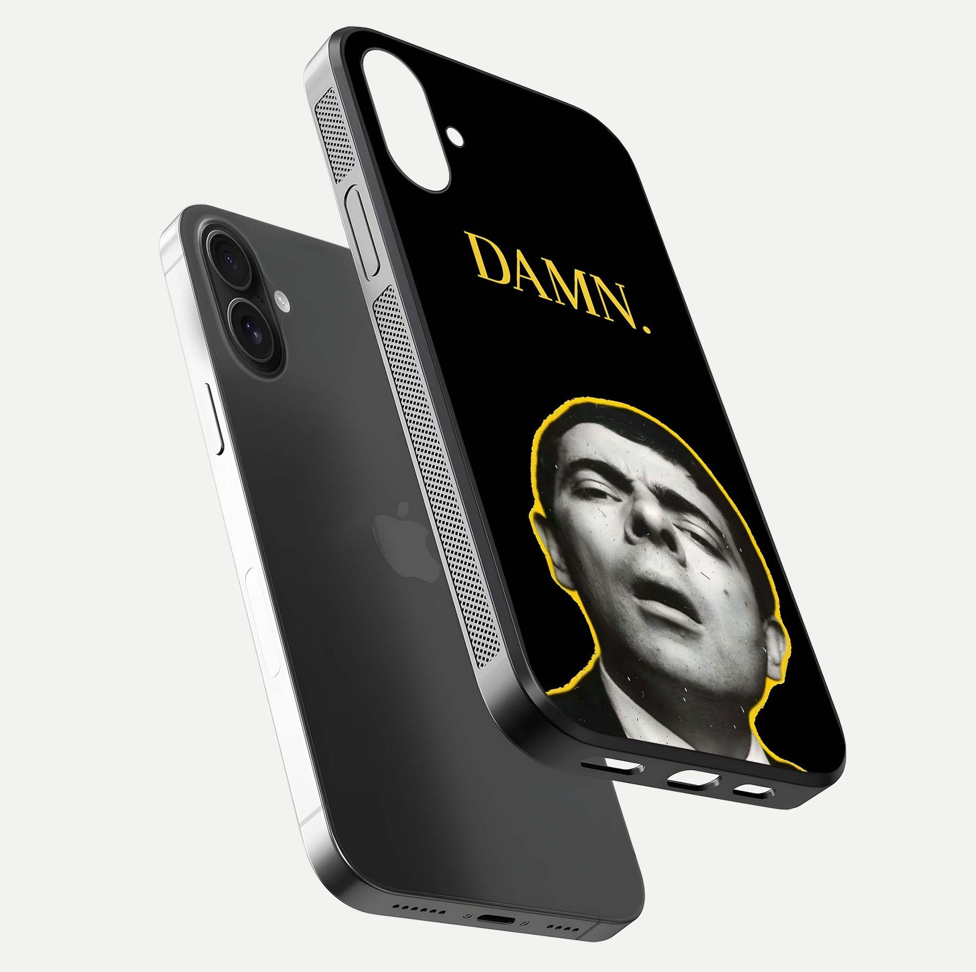 Mr Bean Damn Glass Case for iPhone 16 Plus floating dual-view mockup showing reflective gloss and vivid tones