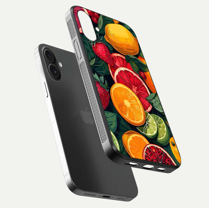 Multiple Fruits Glass Case for iPhone 16 Plus floating dual-view mockup showing reflection depth and freshness