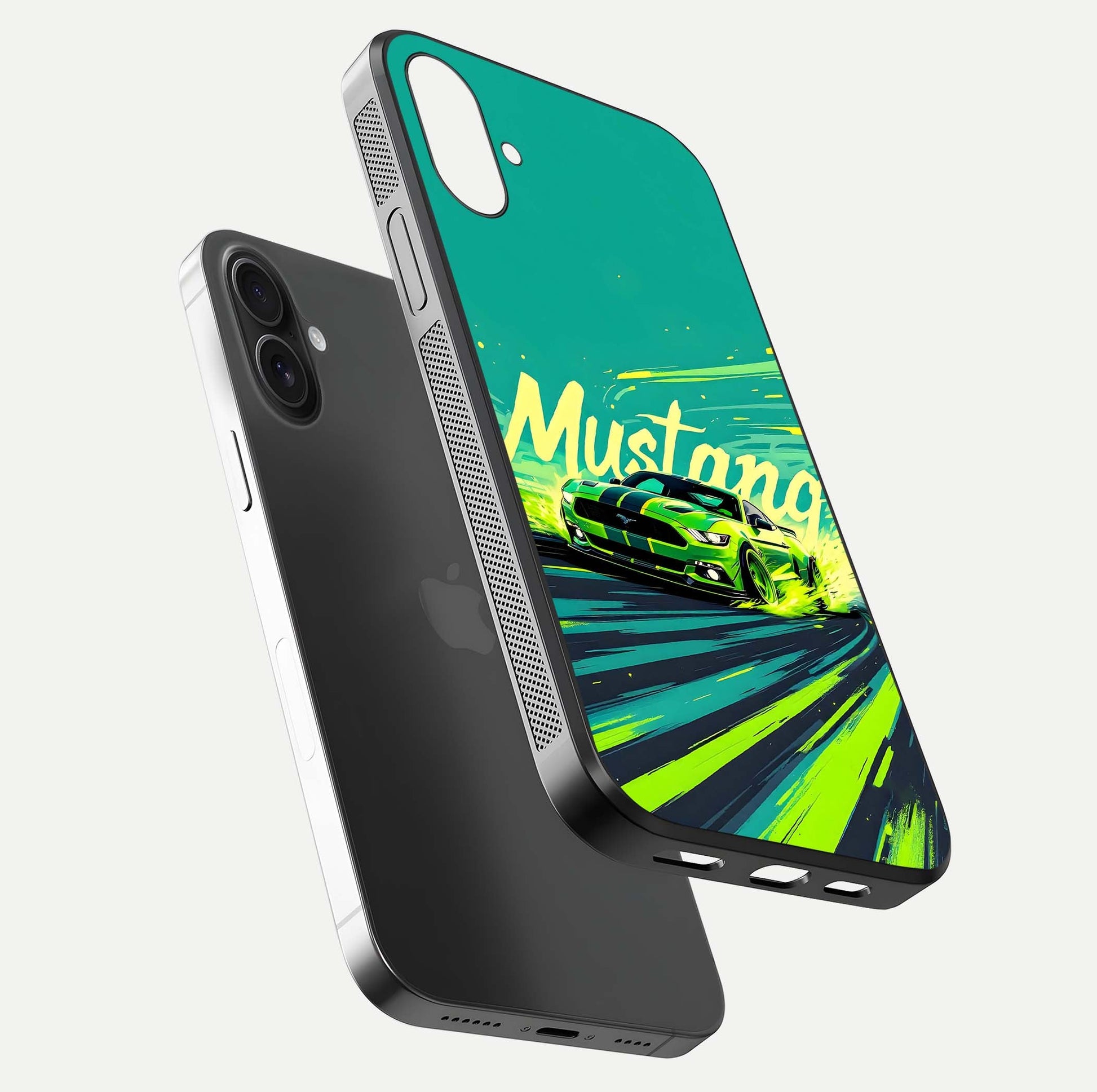 Mustang Bang Glass Case for iPhone 16 Plus floating dual-view mockup showing gloss depth and power design