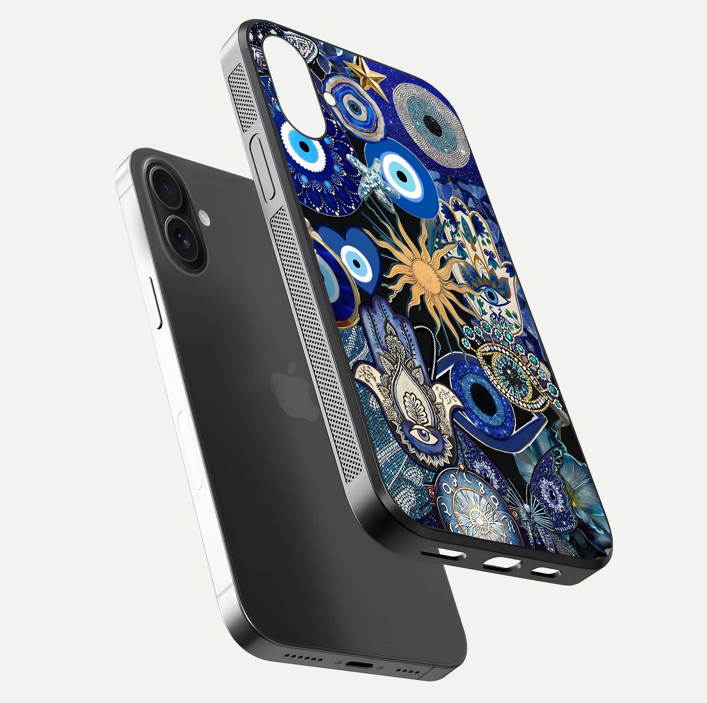 Mystic Blue Evil Eye Glass Case for iPhone 16 Plus floating dual-view mockup showing gloss depth and sacred symbol