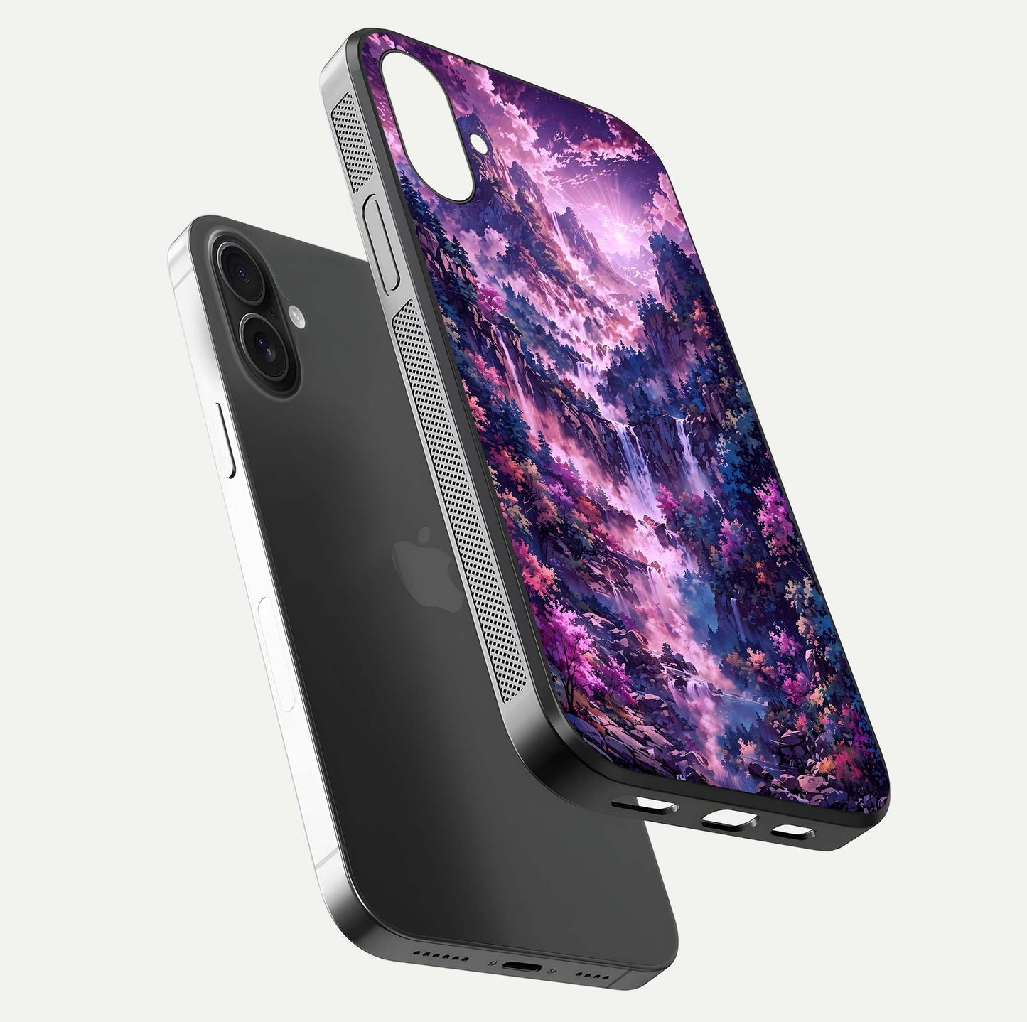 Mystic Cascade Peaks Glass Case for iPhone 16 Plus floating dual-view mockup showing gloss texture and depth