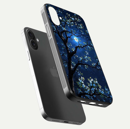 Mystic Floral Night Glass Case for iPhone 16 Plus floating dual-view mockup displaying shine and rich color depth