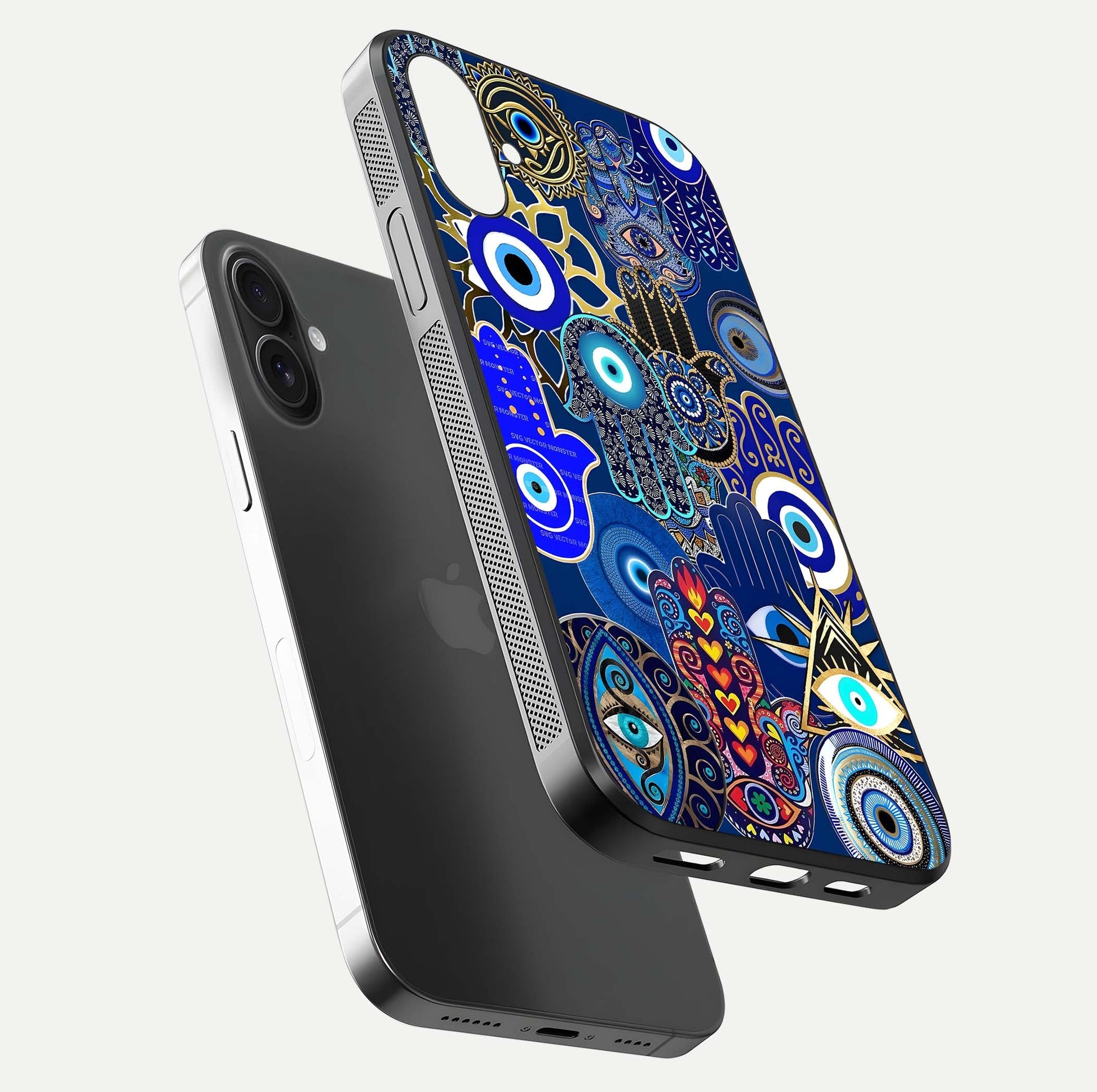 Mystic Palm Guard Glass Case for iPhone 16 Plus floating dual-view mockup showing HD reflection and vivid tone