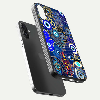 Mystic Palm Guard Glass Case for iPhone 16 Plus floating dual-view mockup showing HD reflection and vivid tone
