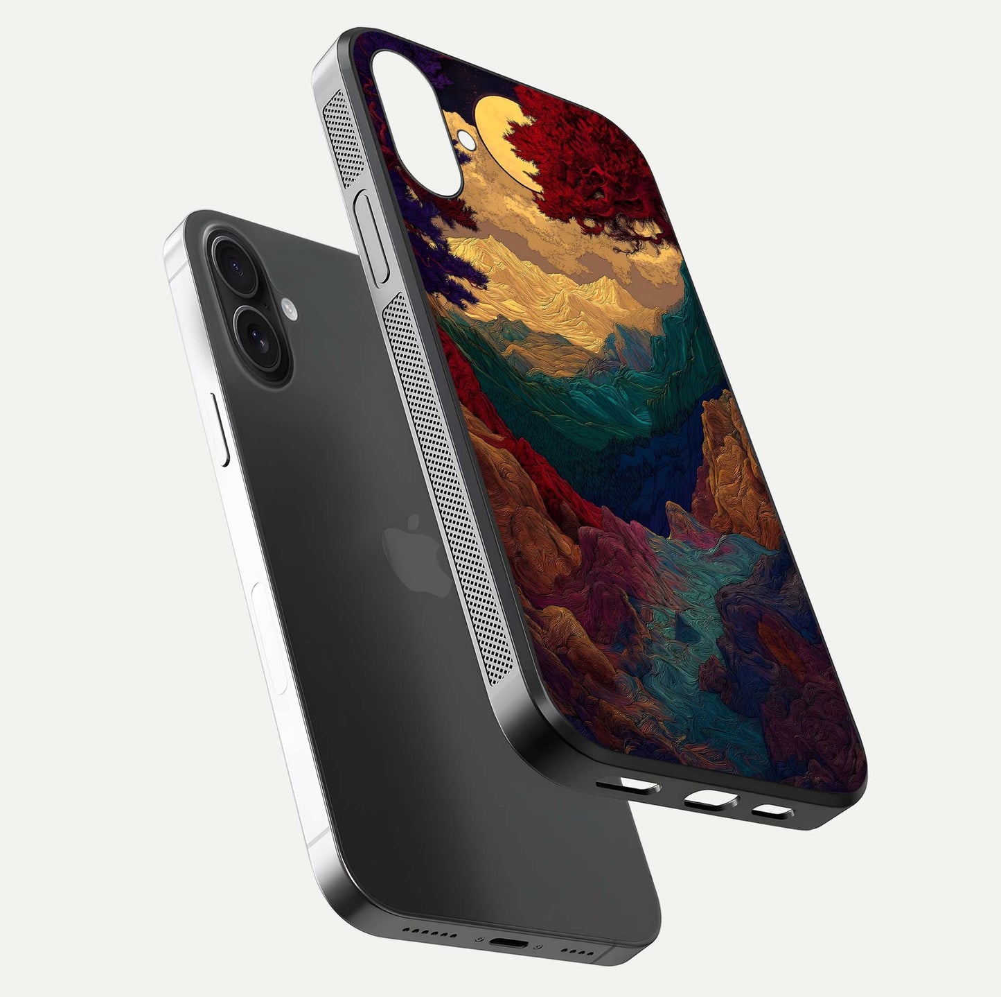 Mystic Valley Light Glass Case for iPhone 16 Plus floating dual-view mockup showing HD gloss and light blend
