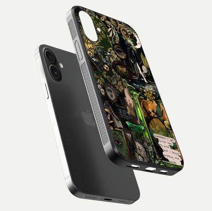 Mystic Woods Secret Glass Case for iPhone 16 Plus floating dual-view mockup showing HD shine and depth