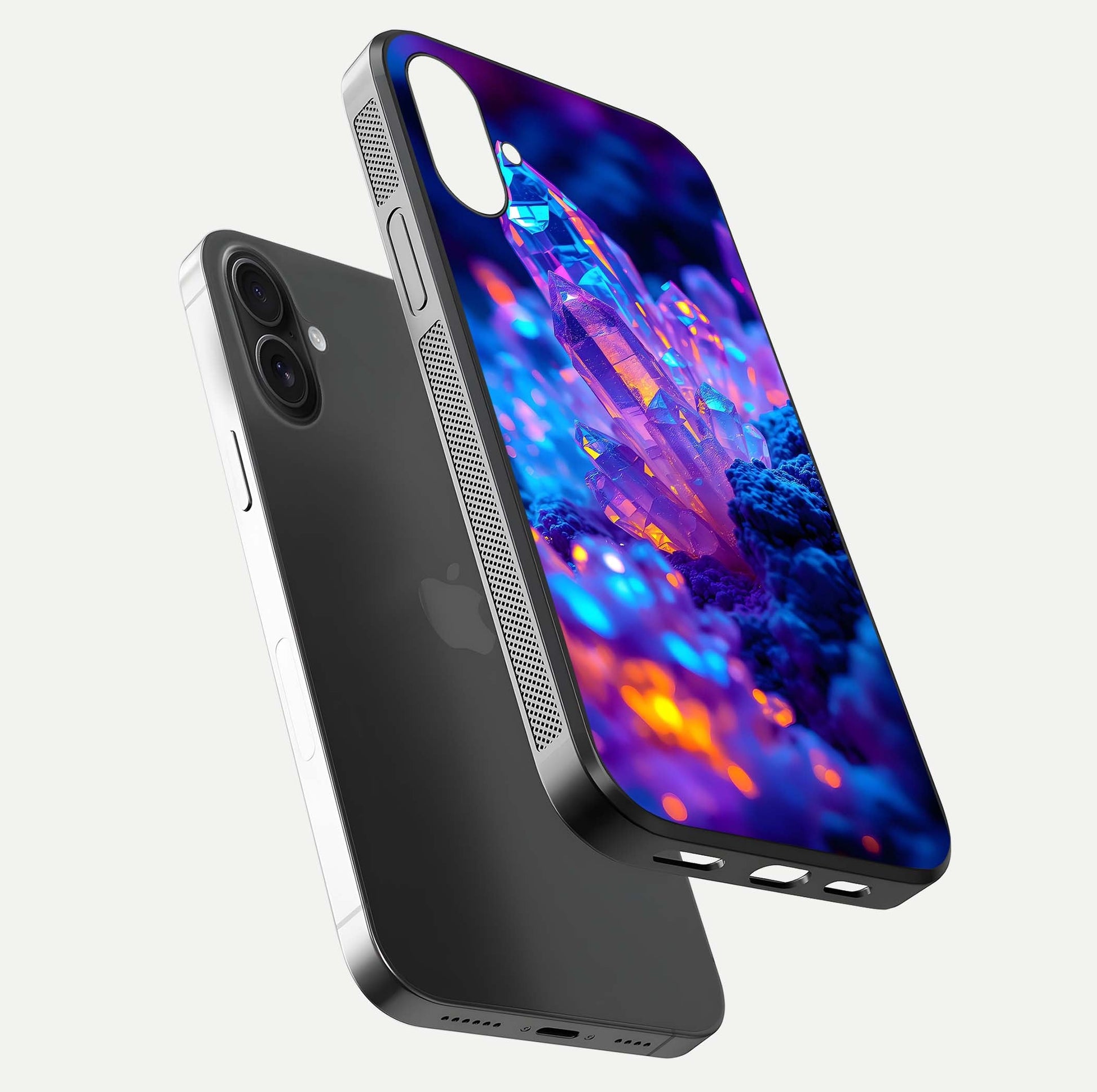 Neon Aura Shards Glass Case for iPhone 16 Plus floating dual-view mockup showing HD shine and shard texture