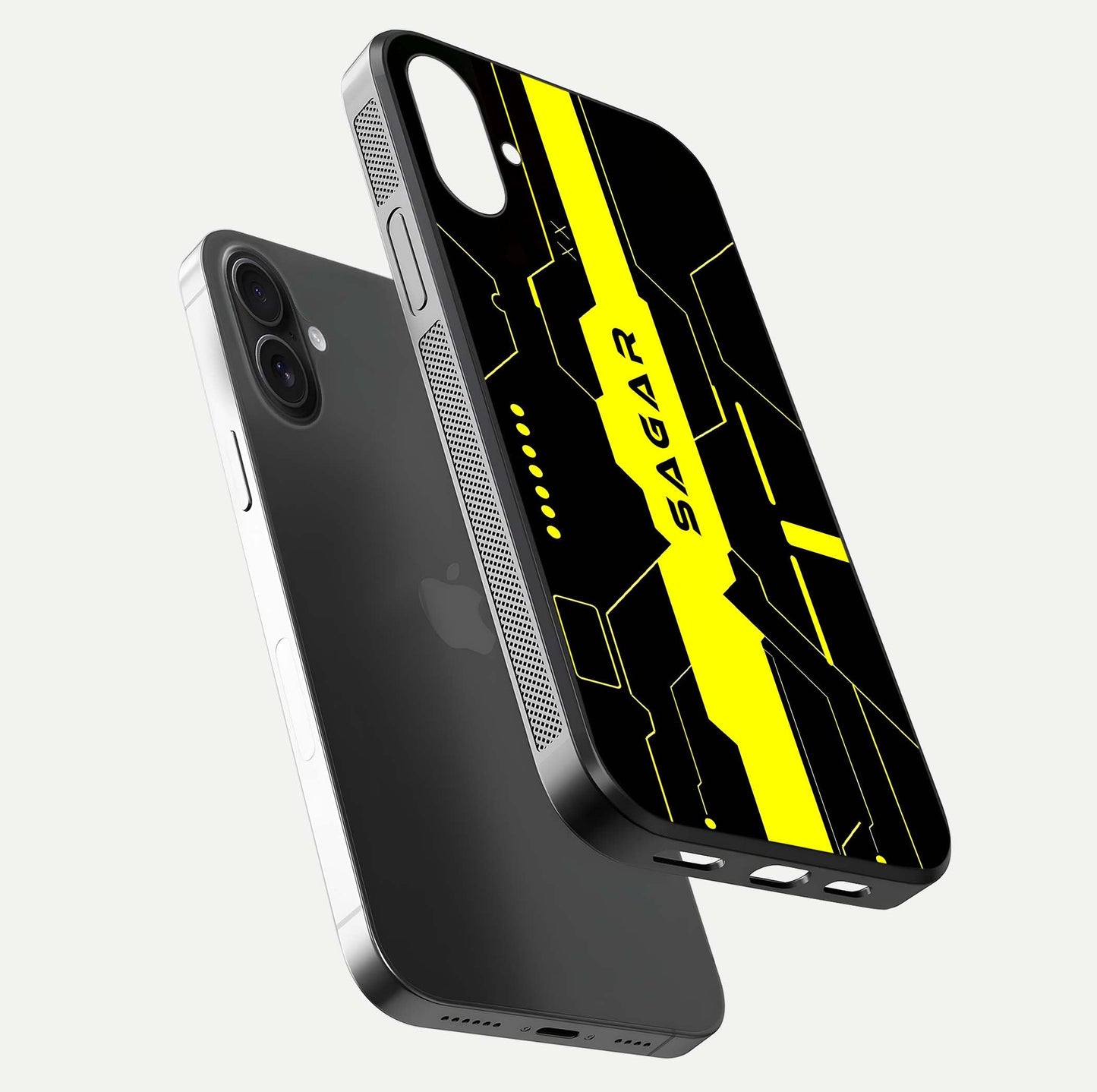 Neon CYBERPUNK Custom Name Glass Case for iPhone 16 Plus floating dual-view mockup showing HD shine and neon lines